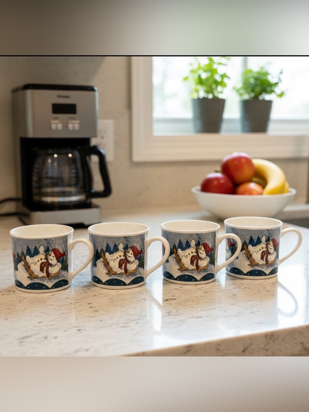 Vintage Oneida Blue and White Snowman Holiday Mug Set of (4)
